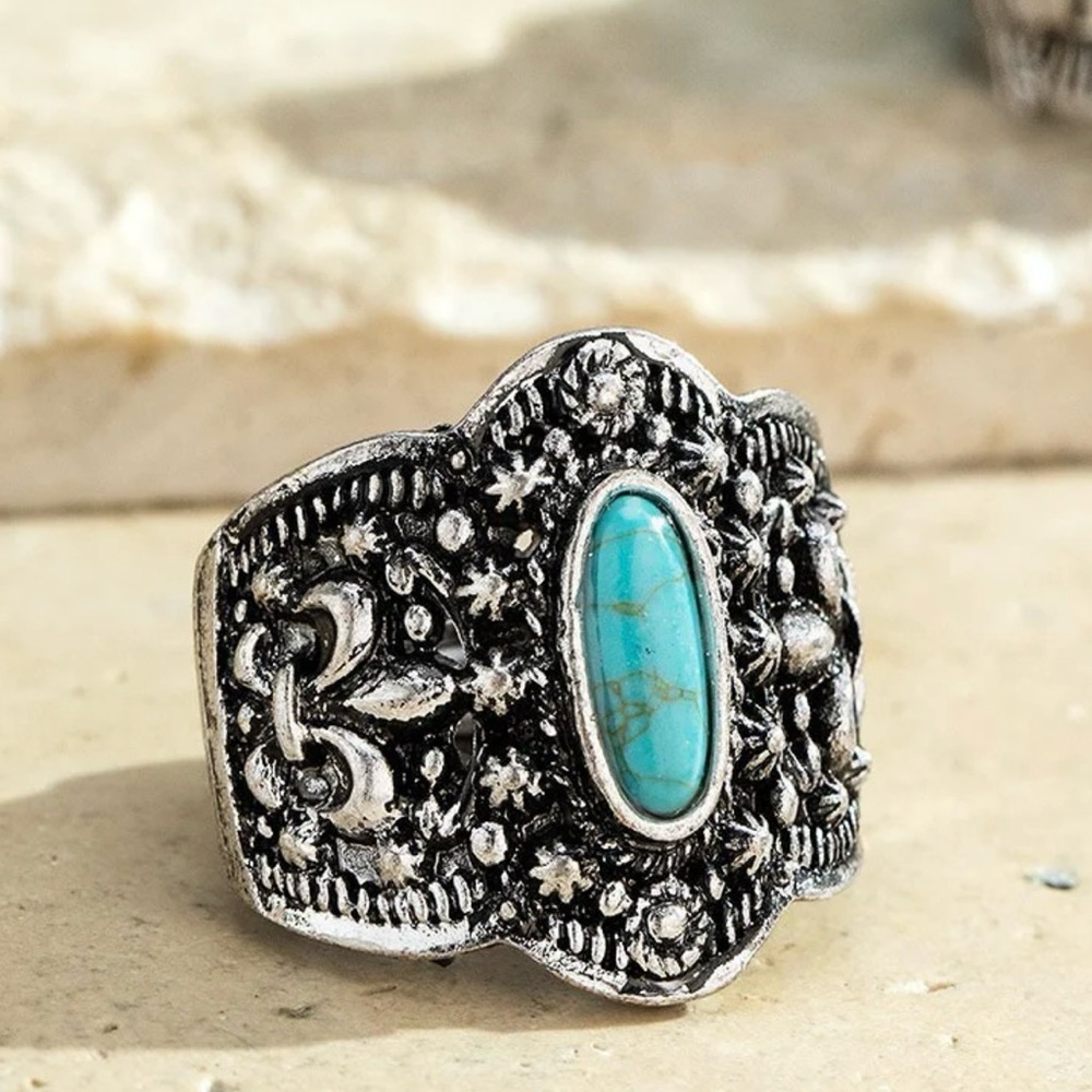 Antique Silver Blossom Turquoise Natural Stone Adjustable Band Ring
